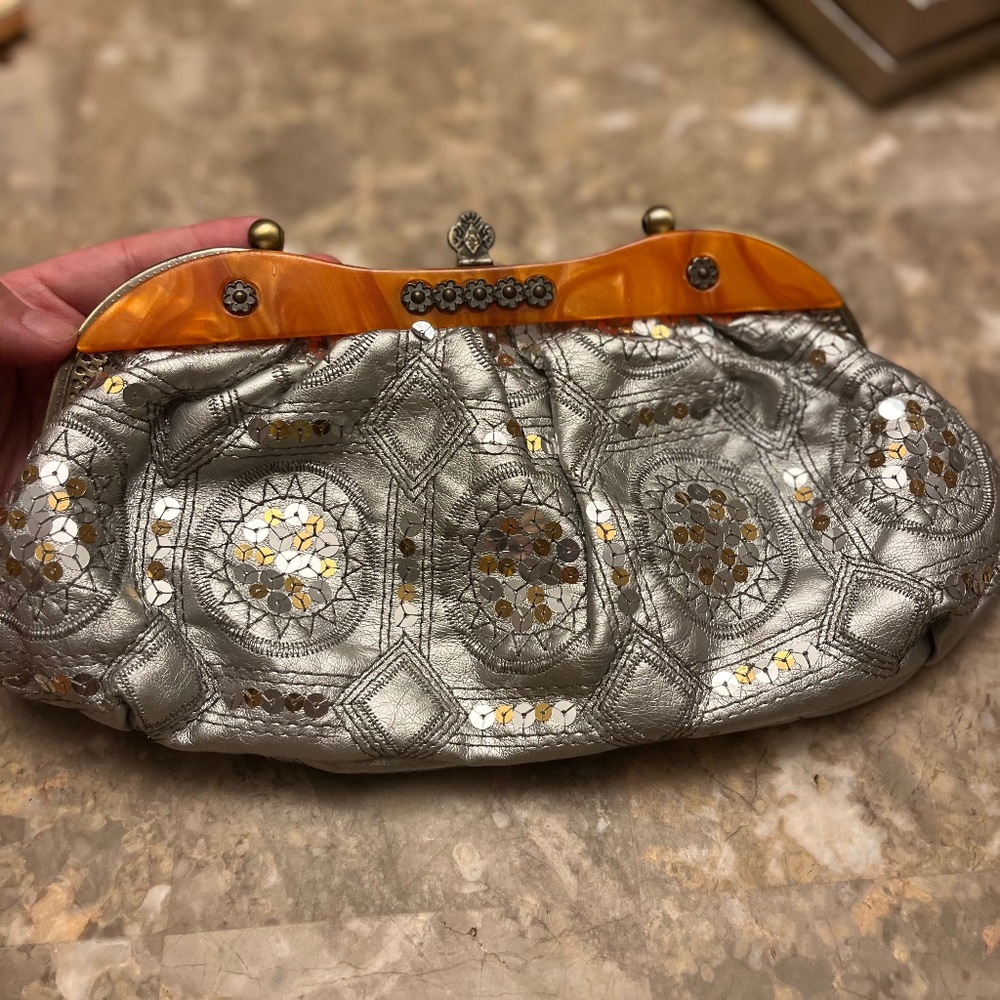 Silver sequin clutch